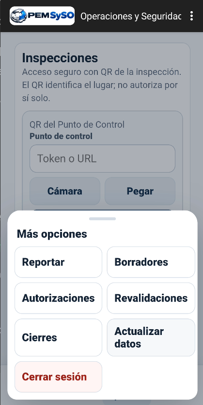 Aplicación móvil: menú Más opciones