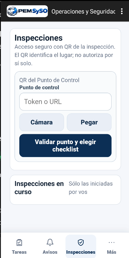 App PEM SySO: acceso a inspecciones y selección de checklist